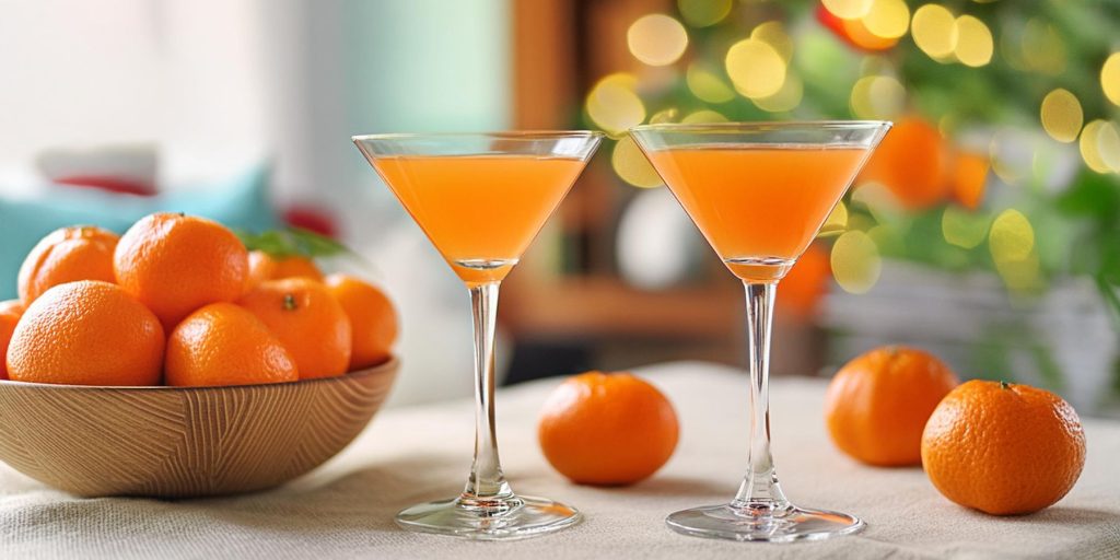Two Clementine Martinis on a table in a light, bright modern lounge, next to a bowl of fresh clementines