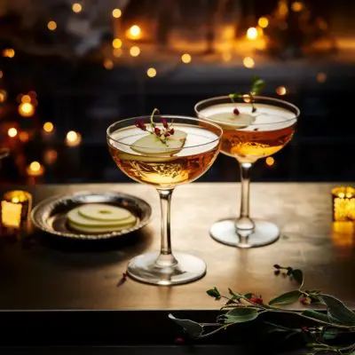 Wide shot of two bourbon Christmas cocktails in coupe glasses on a table in a home lounge at night dressed for the festive season with twinkly lights and Christmas decorations