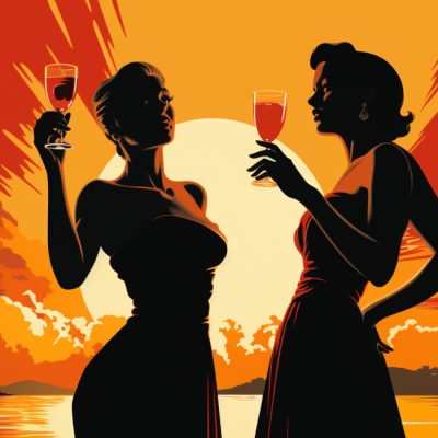 Illustration of two women enjoying drinks during aperitivo hour at sunset