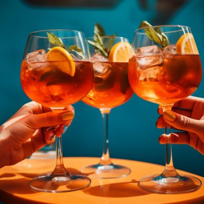 Two hands removing Aperol Spritz cocktails off a table during aperitivo hour