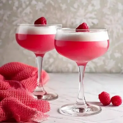 Two elegant coupe glasses filled with a vibrant pink gin cocktail, topped with foam and garnished with fresh raspberries, set against a soft floral backdrop with a red textured cloth and scattered raspberries in the foreground.