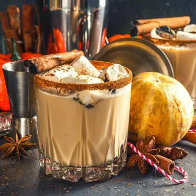 Indulgent Hot Pumpkin Pie drinks with marshmallows and cinnamon