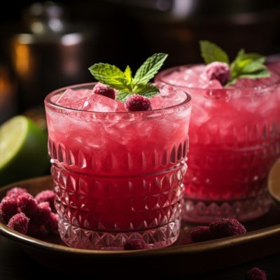 A row of Watermelon Gin cocktails in a bar setting