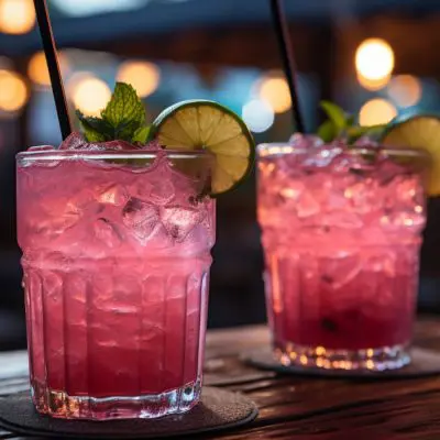 Two Watermelon Tequila cocktails in a beach bar setting