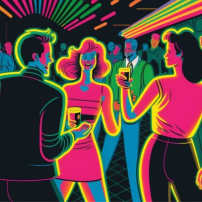 A colorful illustration of a 90s party with people drinking and dancing