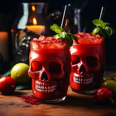 Halloween themed Bloody Mary cocktails in clear skull glasses