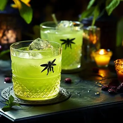 Two bright green Swamp Water cocktails for Halloween