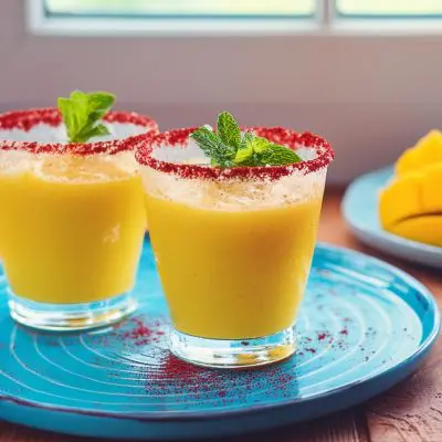 Two Frozen Mango Margarita cocktails with tajin rim and mint garnish, served on a blue platter