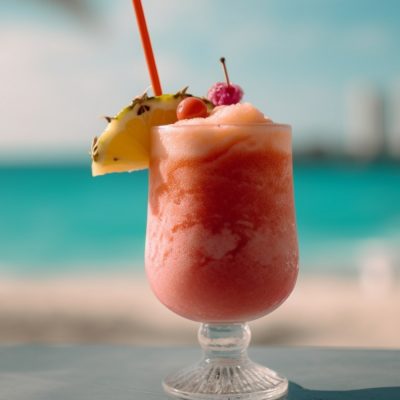 Miami Vice Cocktail with beach in the background