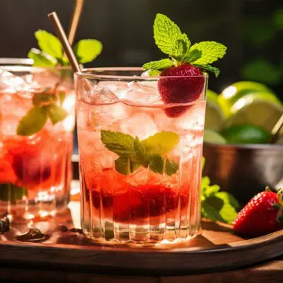 Two Strawberry Mojito mocktails with fresh strawberry and mint garnish