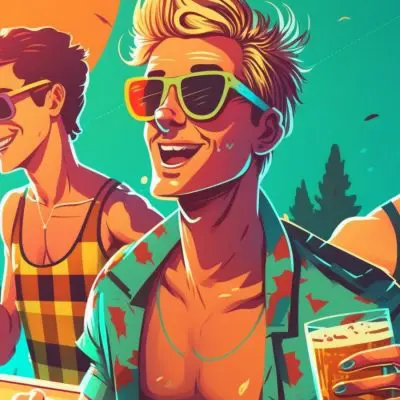 Colorful illustration of three friends at a pool party enjoying beer cocktails