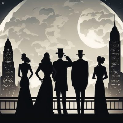 A silhouette style illustration of people in cocktail attire watching the full moon in New York
