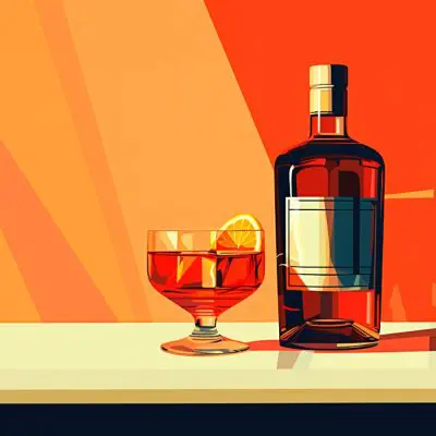 Classic illustration of a bottle of vermouth next to a Negroni cocktails