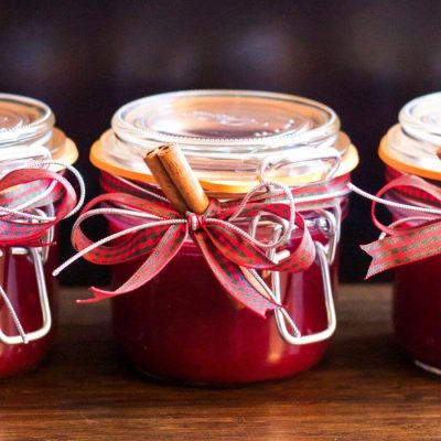 Edible Christmas gifts jars with ribbon and cinnamon