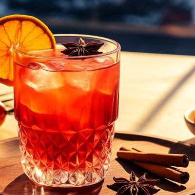 Close-up of a Christmas Negroni cocktail with cinnamon, star anise and orange