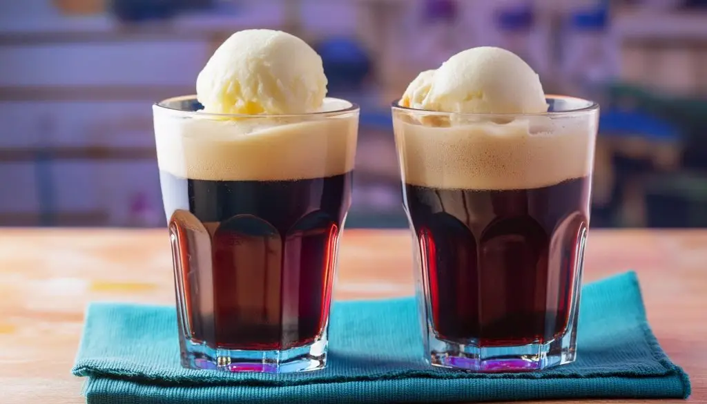 Two root beers topped with vanilla ice cream