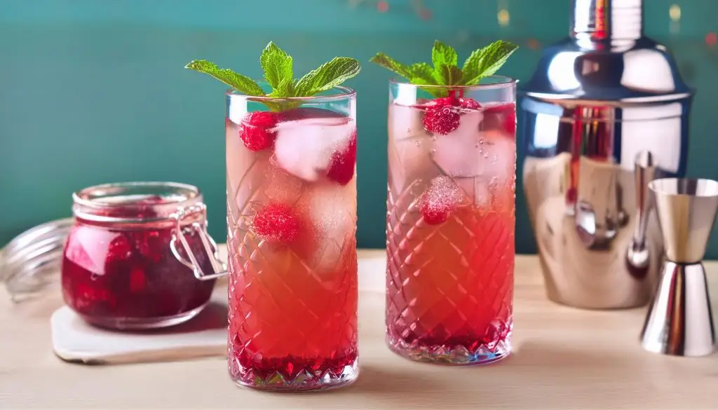 Two raspberry vodka cocktails with a jar of raspberry puree next to them