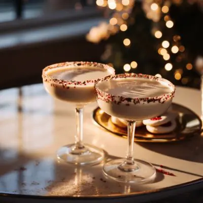 Two Sugar Cookie Martini cocktails on a table in a brightly decorated home lounge dressed for the holidays in sparkles and Christmas decorations