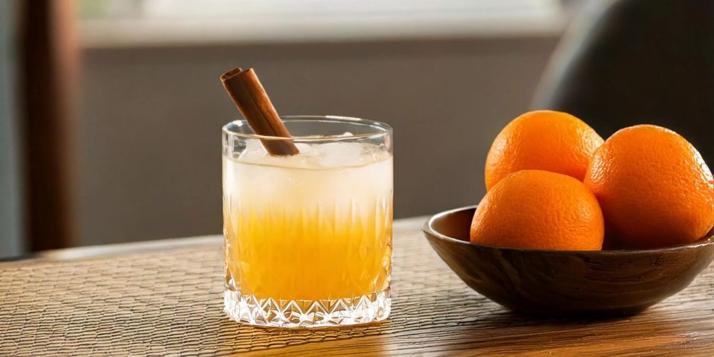 A short glass with a gradient yellow-orange cocktail, garnished with a cinnamon stick. The drink is placed next to a wooden bowl filled with bright oranges on a woven placemat.