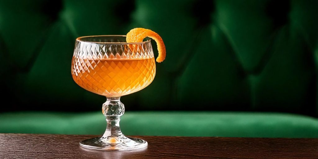 A vintage-style crystal glass filled with a golden-orange cocktail, garnished with a curled orange peel. The glass sits on a wooden table with a dark green tufted background.