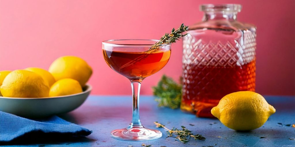 A coupe glass filled with an amber-colored cocktail garnished with a sprig of thyme, set against a vibrant pink backdrop. In the background, there is a patterned decanter filled with a dark liquid and a bowl of lemons on a blue tablecloth.