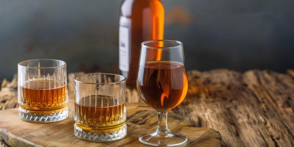 Two glasses of rye whiskey and a snifter glass of bourbon set on a rustic wooden surface against a grey backdrop