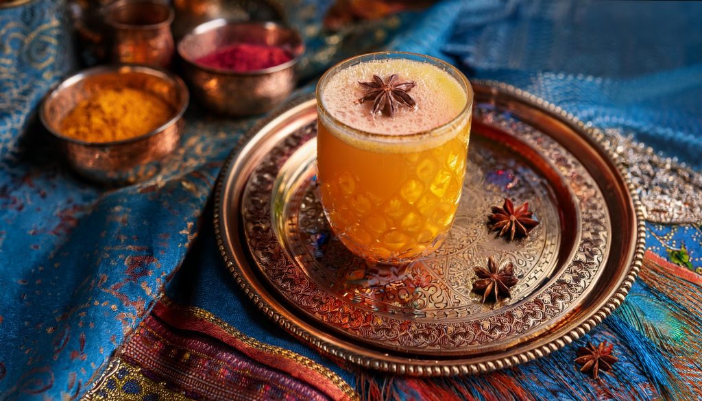 Slight overhead shot of a mango Indian cocktail on an ornate tray on top of brightly colored Indian textiles