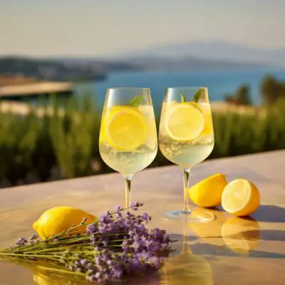 Wide shot of two Limoncello Spritz cocktails on a table outside overlooking lavender fields and the ocean beyond