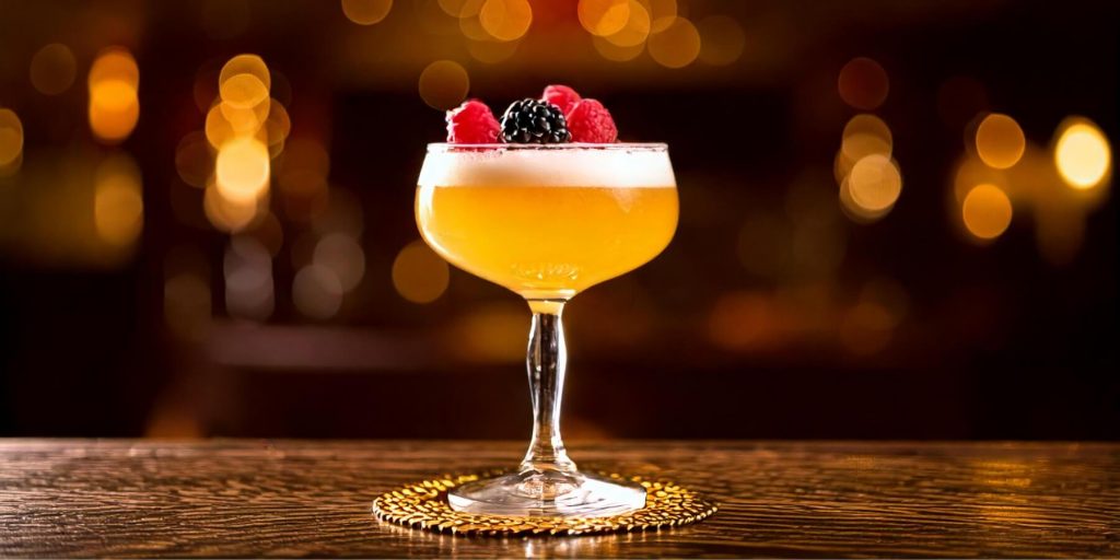 A coupe glass filled with a golden cocktail topped with foam and garnished with fresh blackberries and raspberries, set against a warmly lit bokeh background.