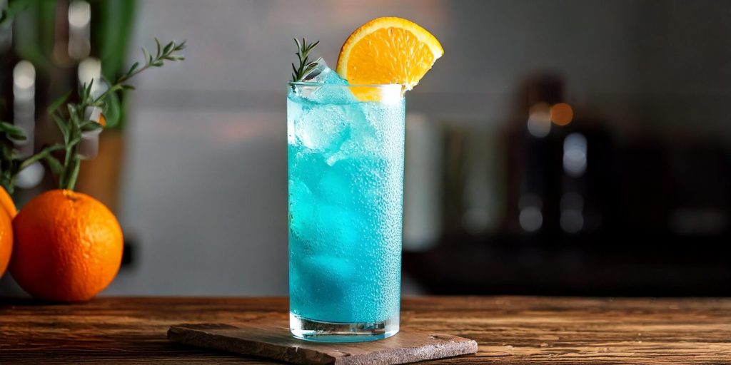 A tall glass filled with a striking blue cocktail, garnished with an orange slice and a sprig of rosemary, placed on a rustic wooden surface with fresh oranges in the background.