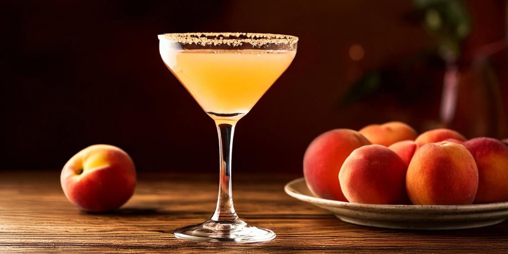 A sugar-rimmed martini glass filled with a vibrant peach-colored cocktail, placed on a rustic wooden table, accompanied by a plate of fresh peaches in the background.