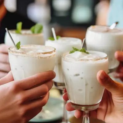 Hands clinking together Ramos Gin Fizz cocktails