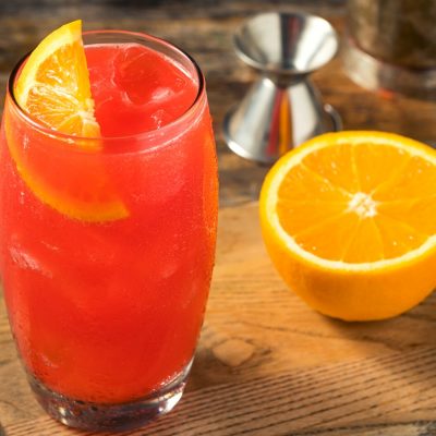 Refreshing Alabama Slammer Cocktail in a highball glass with fresh orange garnish