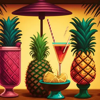 Retro illustration of a variety of pineapple juice cocktails in glasses and Tiki cocktainers, interspersed with fresh pineapples