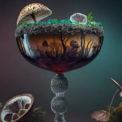 A fanciful image of The Clicker cocktail garnished with and surrounded by a variety of mushrooms and assorted fungi