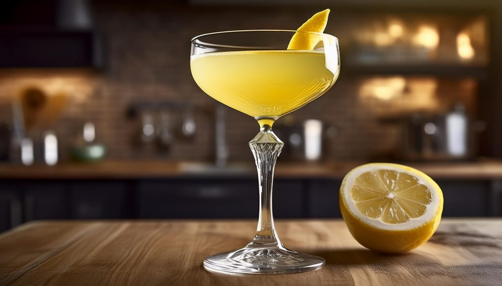 A Yellow Jacket Chartreuse cocktail with a lemon peel garnish