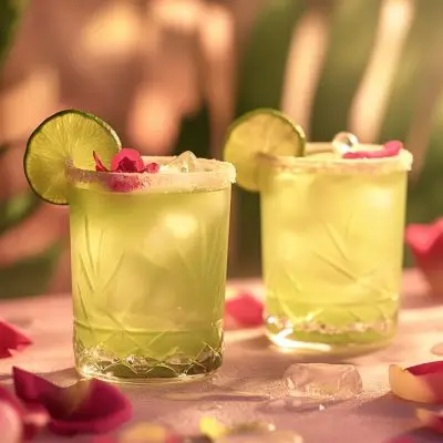 Two Honey Rose Margarita spring cocktails with rose petal and lime wheel garnish