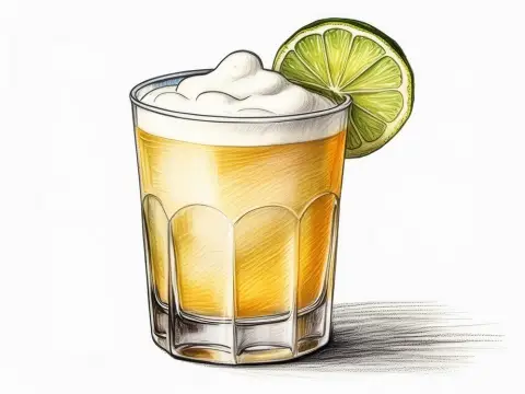 Colour illustration of a Tequila Sour cocktail with lime wheel garnish