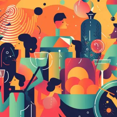 AI MidJourney image in an abstract style showing friends enjoying themselves at a color cocktail party