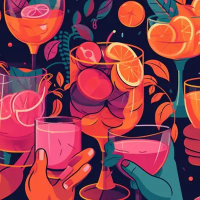 MidJourney AI close-up image of a stylised, illustrated image of the hands of a group of friends clinking tequila cocktails