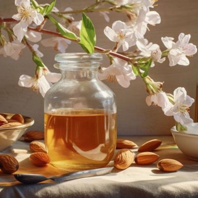 Close up of a glass bottle of Orgeat syrup on a table in a light, bright kitchen surrounded by fresh almonds, a bowl of sugar and a vase of almond blossoms