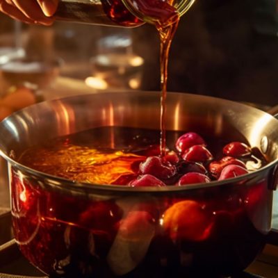 Close up of a home chef adding liquor to a bubbling pot of boozy cherry sauce on a stovetop