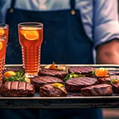 A man holding a tray of grilled steaks and cocktails