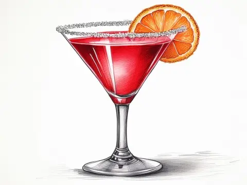 Colour illustration of a Red Dragon cocktail in a martini glass with a sugar rim and orange wheel garnish