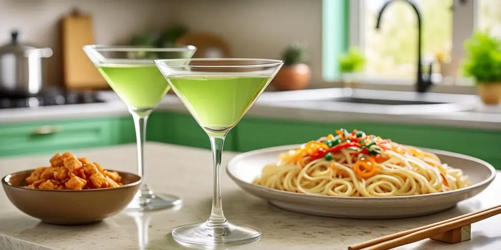Two Apple Soju Cocktails on a kitchen counter in a Korean home kitchen next to a plate of sweet and sour pork noodles