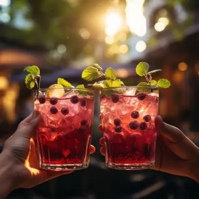 Close up of two female friends clinking blueberry coktails in dappled late afternoon light