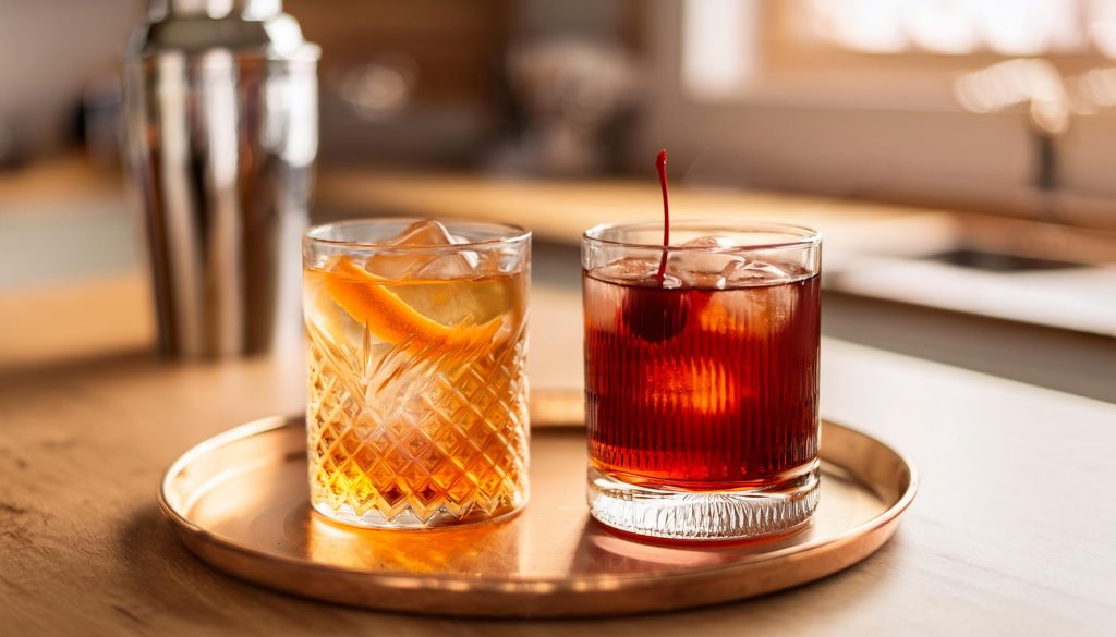 A Manhattan cocktail netxt to an Old Fashioned cocktial showing the differences and similarties between the two classic cocktails