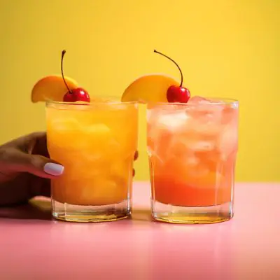 Two peach cocktails with fresh orange and marschino cherry garnish