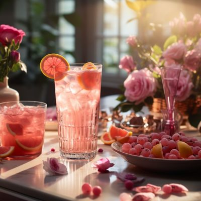 A collection of pink cocktails on a table in a home kitchen surrounded by pink garnishes and flowers