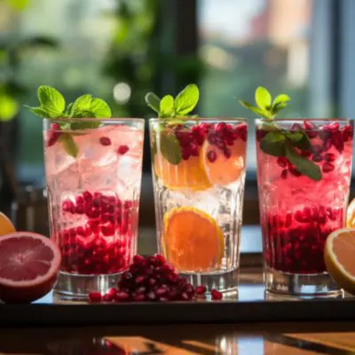 A row of gorgeous Pomegranate cocktails in a light brigh home kitchen environment with lots of natural light play